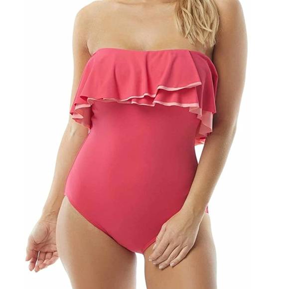 Contours by Coco Reef Pink Agate Ruffle Bandeau One Piece Swimsuit 14 38D - Picture 2 of 7